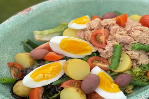 Tabata-Foodpoint - Sæson salat - Falafelsalat med snittet spidskål, cherrytomater, øko kidney bønner, hjemmelavet vinaigrette med spidskommen, mini falafler med persille - sprøde græskarkerner